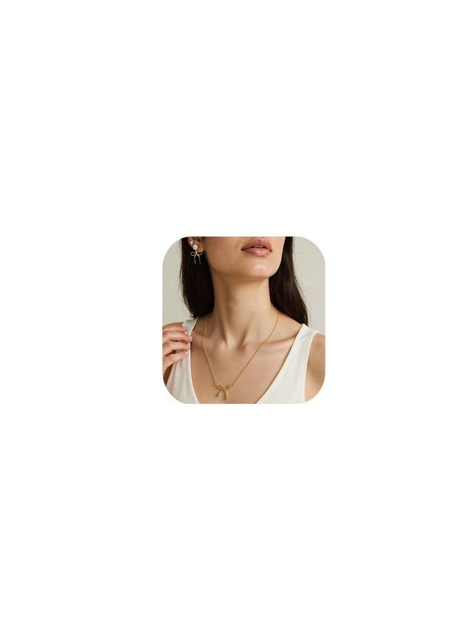 Yewkit Bow Necklace Earrings for Women 14K Gold Plated Bowknot Choker Dainty Bow Earring Wedding Prom Fashion Jewelry Set Gifts (style - Pearl bow) - Image 1
